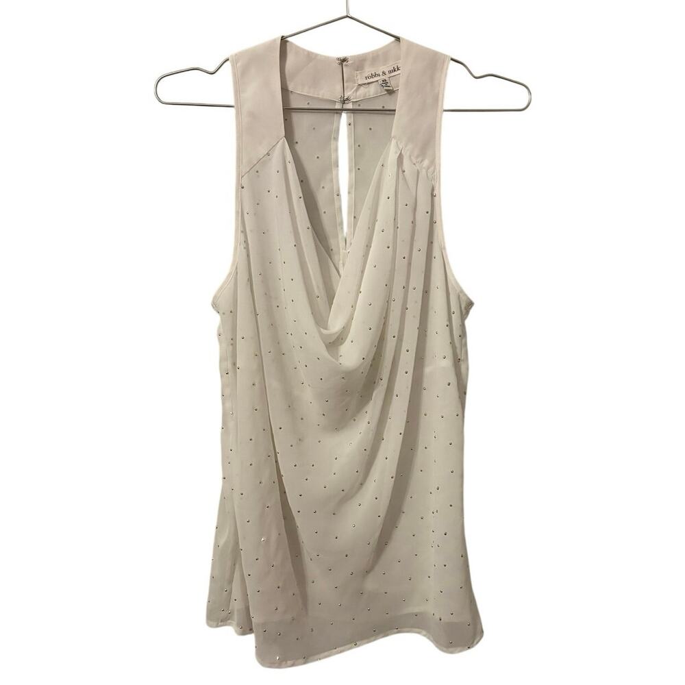Robbi & Nikki White Flowy Tank with Gold Bead Embellishments XS
